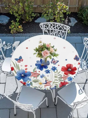 Round Fitted Tablecloth - Pastoral American Flag Flowers Waterproof Table Cover for Indoor Outdoor Holiday Party, Patriotic Butterfly Stars Elastic Edged Tablecloths Fit Up 45"-54" Tables