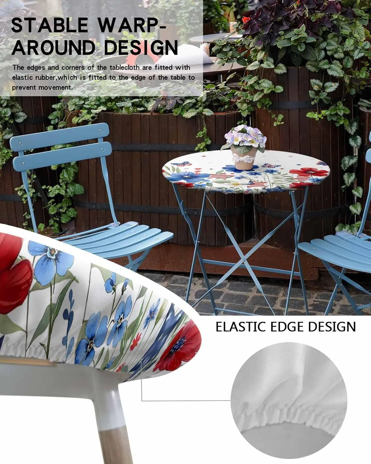 Round Fitted Tablecloth - Pastoral American Flag Flowers Waterproof Table Cover for Indoor Outdoor Holiday Party, Patriotic Butterfly Stars Elastic Edged Tablecloths Fit Up 45"-54" Tables