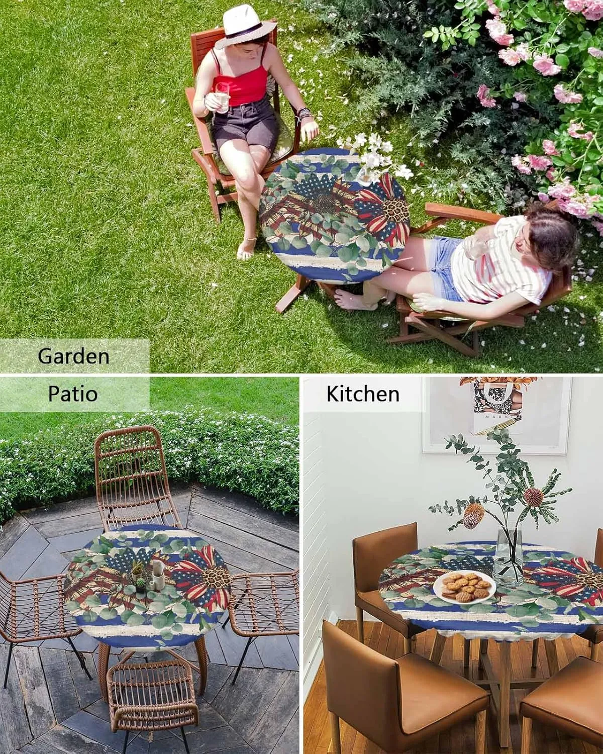 Round Fitted Tablecloth - Retro American Flag Floral Waterproof Table Cover for Indoor Outdoor Holiday Party, Patriotic Blue and White Stripes Elastic Edged Tablecloths Fit Up 45"-54" Tables