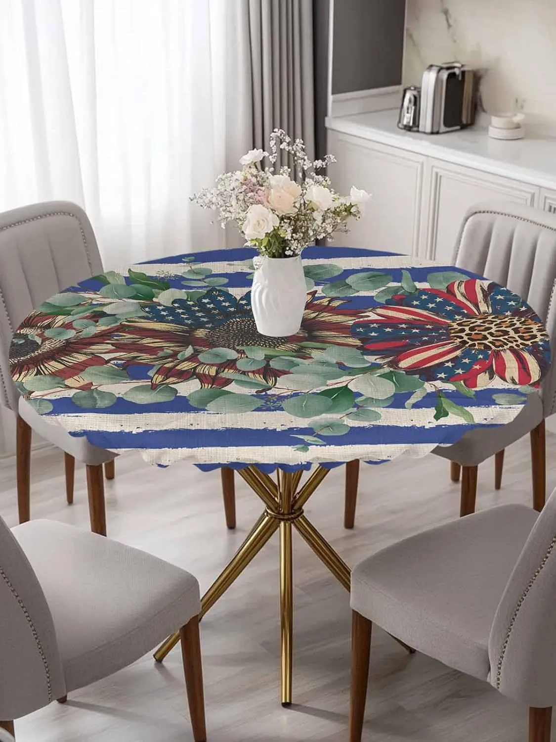 Round Fitted Tablecloth - Retro American Flag Floral Waterproof Table Cover for Indoor Outdoor Holiday Party, Patriotic Blue and White Stripes Elastic Edged Tablecloths Fit Up 45"-54" Tables