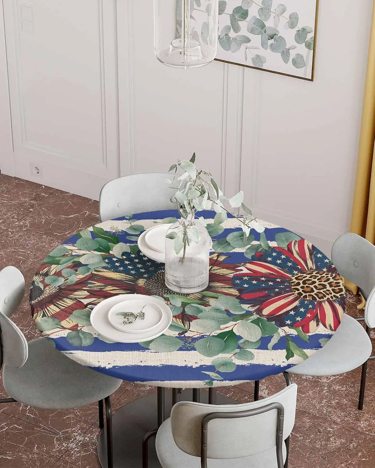 Round Fitted Tablecloth - Retro American Flag Floral Waterproof Table Cover for Indoor Outdoor Holiday Party, Patriotic Blue and White Stripes Elastic Edged Tablecloths Fit Up 45"-54" Tables