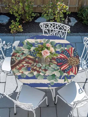 Round Fitted Tablecloth - Retro American Flag Floral Waterproof Table Cover for Indoor Outdoor Holiday Party, Patriotic Blue and White Stripes Elastic Edged Tablecloths Fit Up 45"-54" Tables