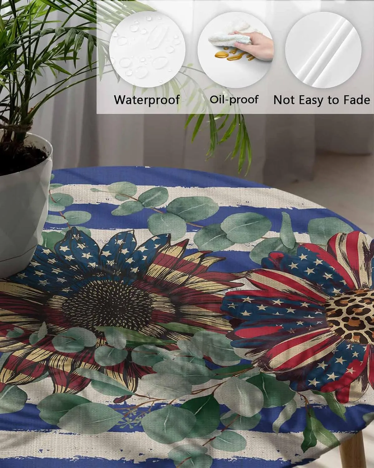 Round Fitted Tablecloth - Retro American Flag Floral Waterproof Table Cover for Indoor Outdoor Holiday Party, Patriotic Blue and White Stripes Elastic Edged Tablecloths Fit Up 45"-54" Tables