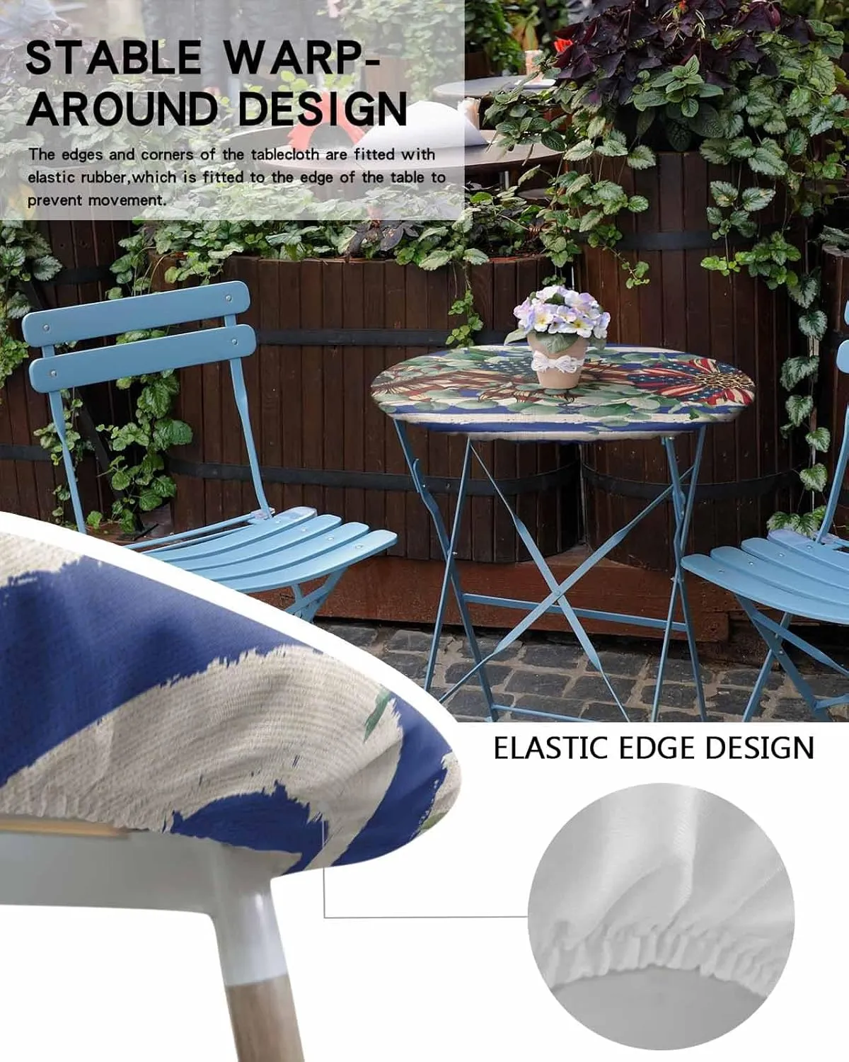 Round Fitted Tablecloth - Retro American Flag Floral Waterproof Table Cover for Indoor Outdoor Holiday Party, Patriotic Blue and White Stripes Elastic Edged Tablecloths Fit Up 45"-54" Tables