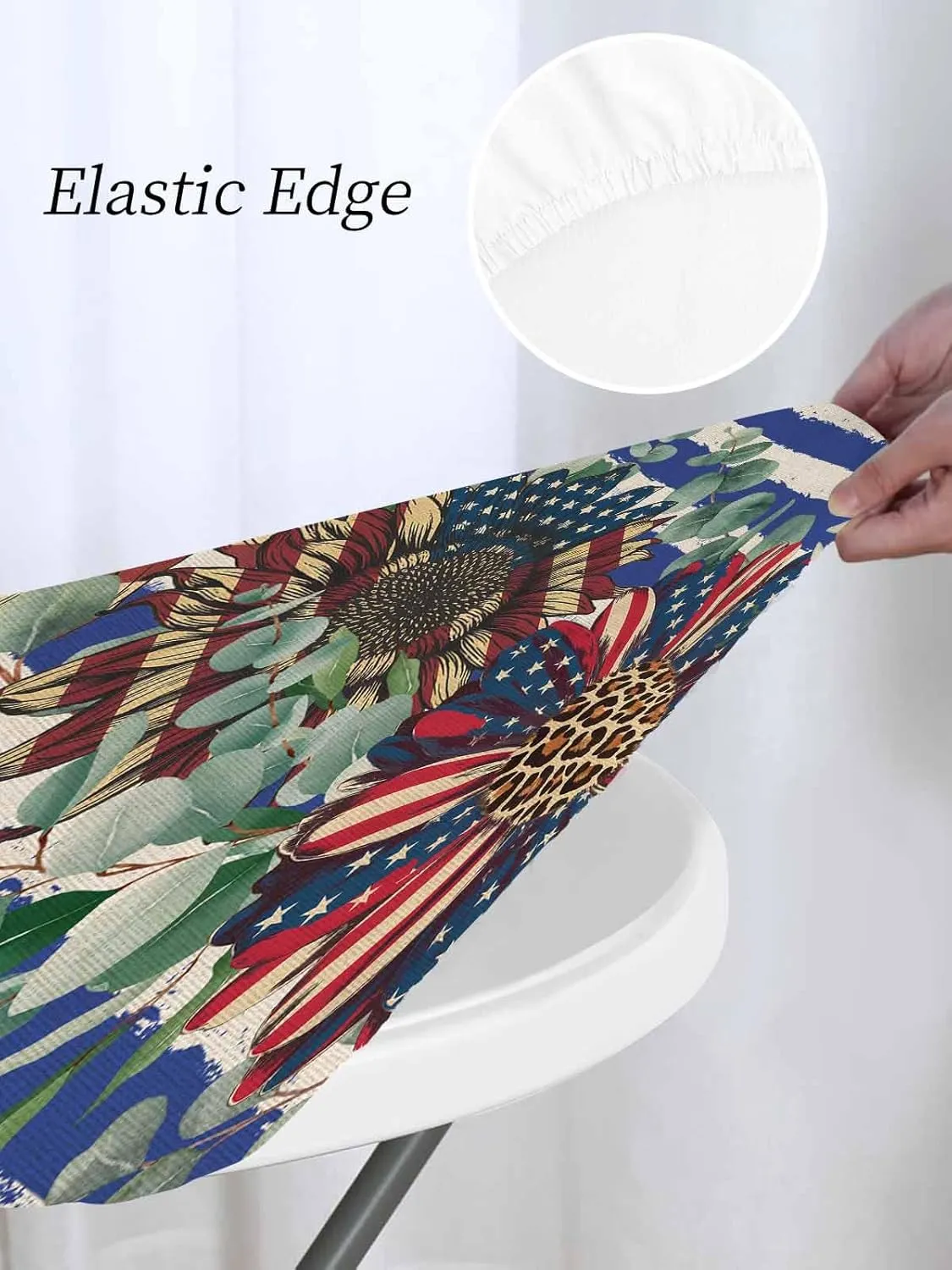 Round Fitted Tablecloth - Retro American Flag Floral Waterproof Table Cover for Indoor Outdoor Holiday Party, Patriotic Blue and White Stripes Elastic Edged Tablecloths Fit Up 45"-54" Tables
