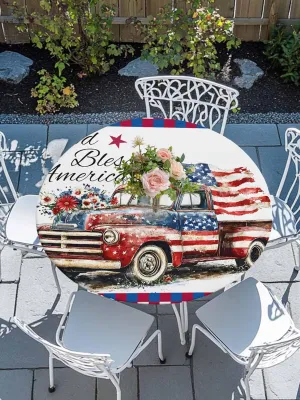 Round Fitted Tablecloth - Vintage USA Flag Truck Waterproof Table Cover for Indoor Outdoor Holiday Party, Classic Red White Blue Plaid Elastic Edged Tablecloths Fit Up 55"-60" Tables