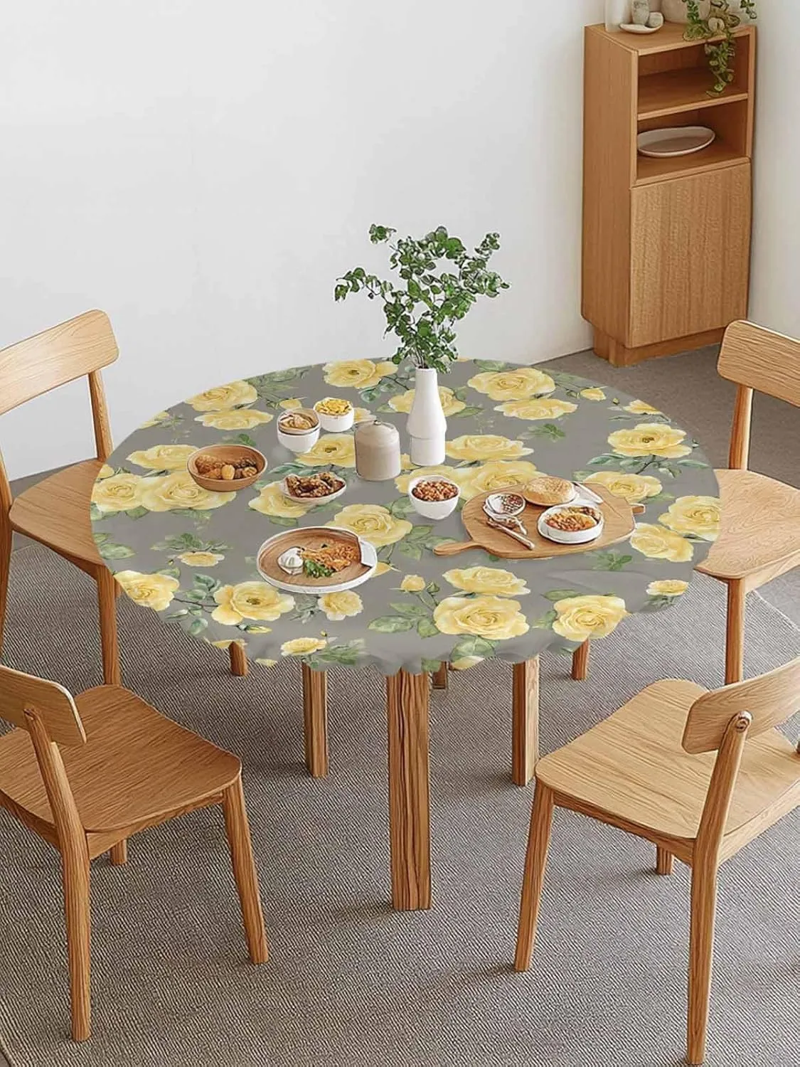 Round Fitted Tablecloth Yellow Country Rose Waterproof Table Cover for Indoor Outdoor Holiday Party Elegant Flowers on Grey Background Elastic Edged Tablecloths Fit Up 55"-60" Tables