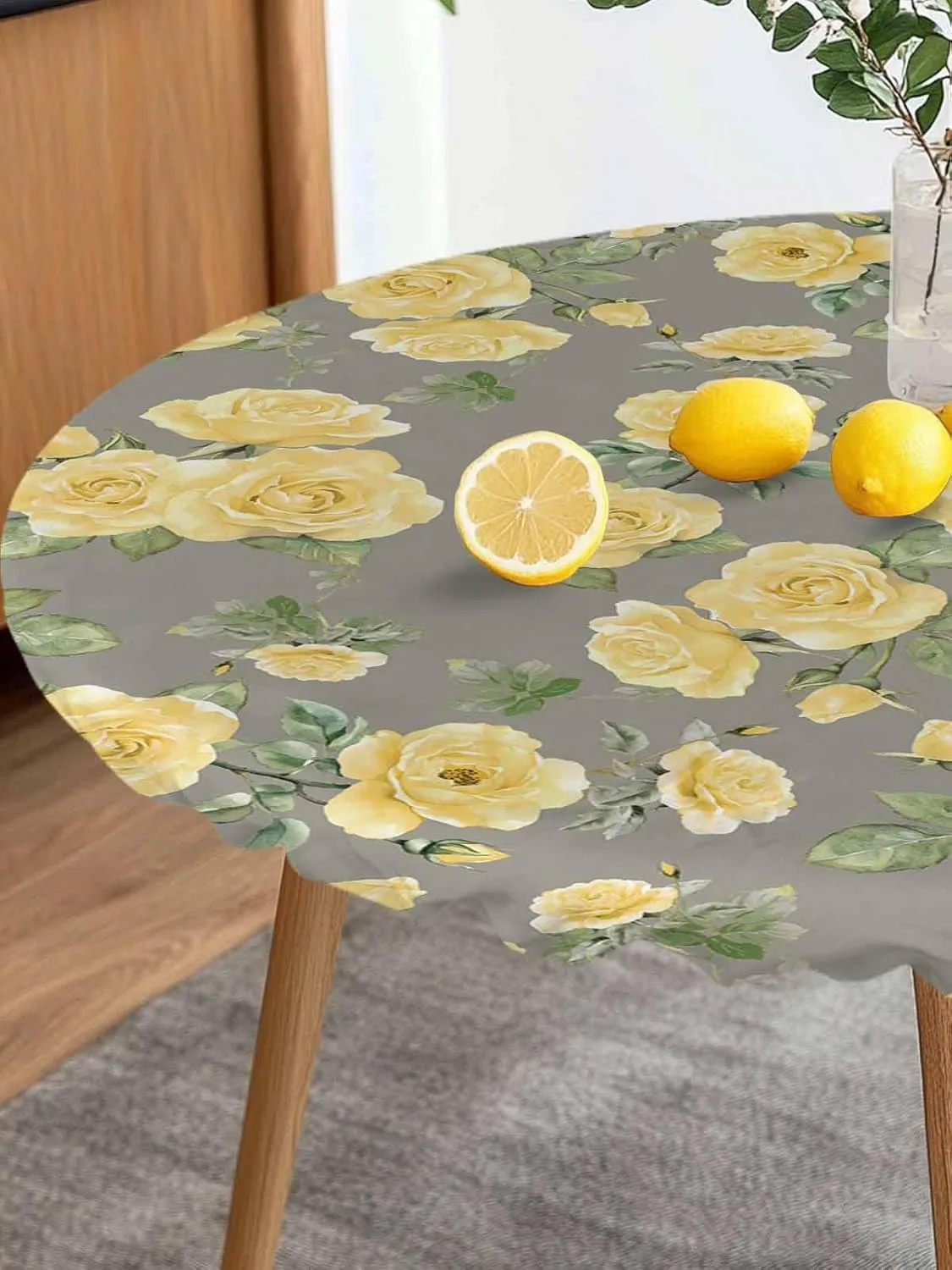 Round Fitted Tablecloth Yellow Country Rose Waterproof Table Cover for Indoor Outdoor Holiday Party Elegant Flowers on Grey Background Elastic Edged Tablecloths Fit Up 55"-60" Tables