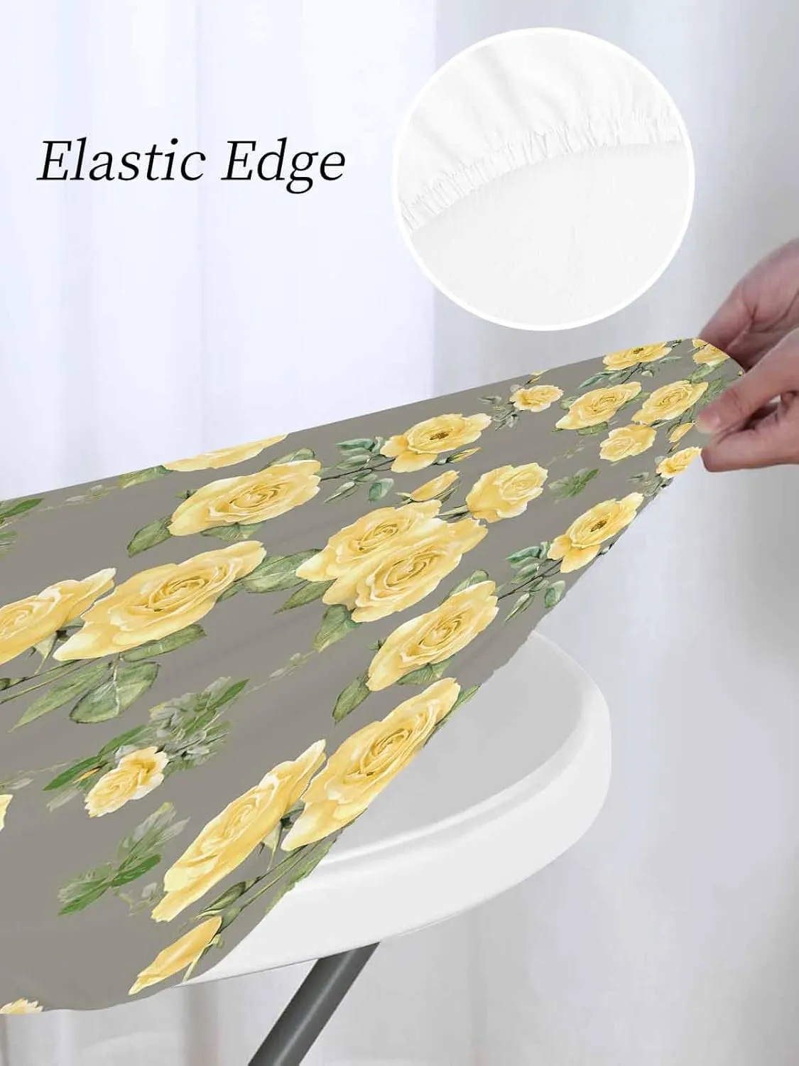 Round Fitted Tablecloth Yellow Country Rose Waterproof Table Cover for Indoor Outdoor Holiday Party Elegant Flowers on Grey Background Elastic Edged Tablecloths Fit Up 55"-60" Tables