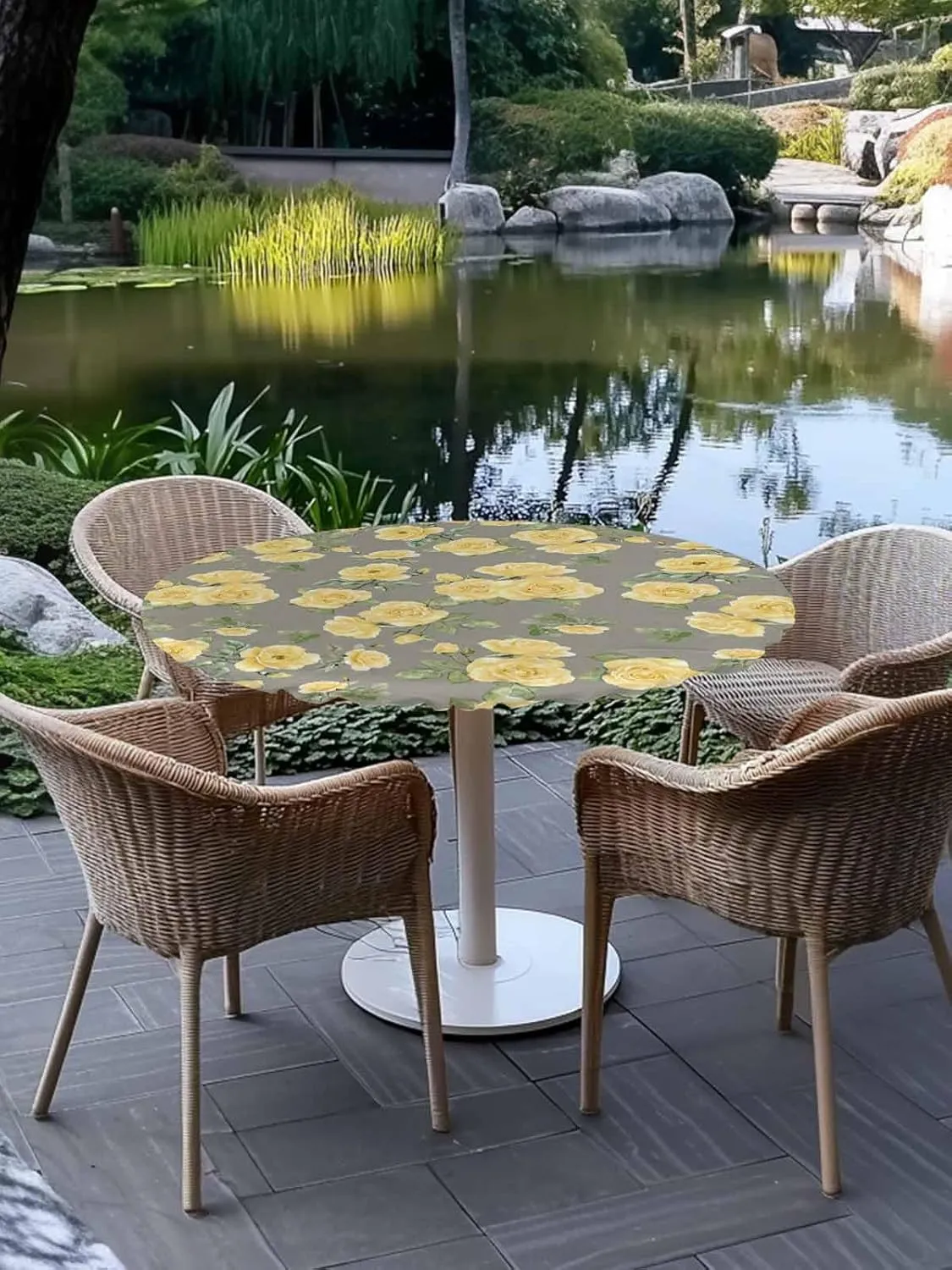 Round Fitted Tablecloth Yellow Country Rose Waterproof Table Cover for Indoor Outdoor Holiday Party Elegant Flowers on Grey Background Elastic Edged Tablecloths Fit Up 55"-60" Tables