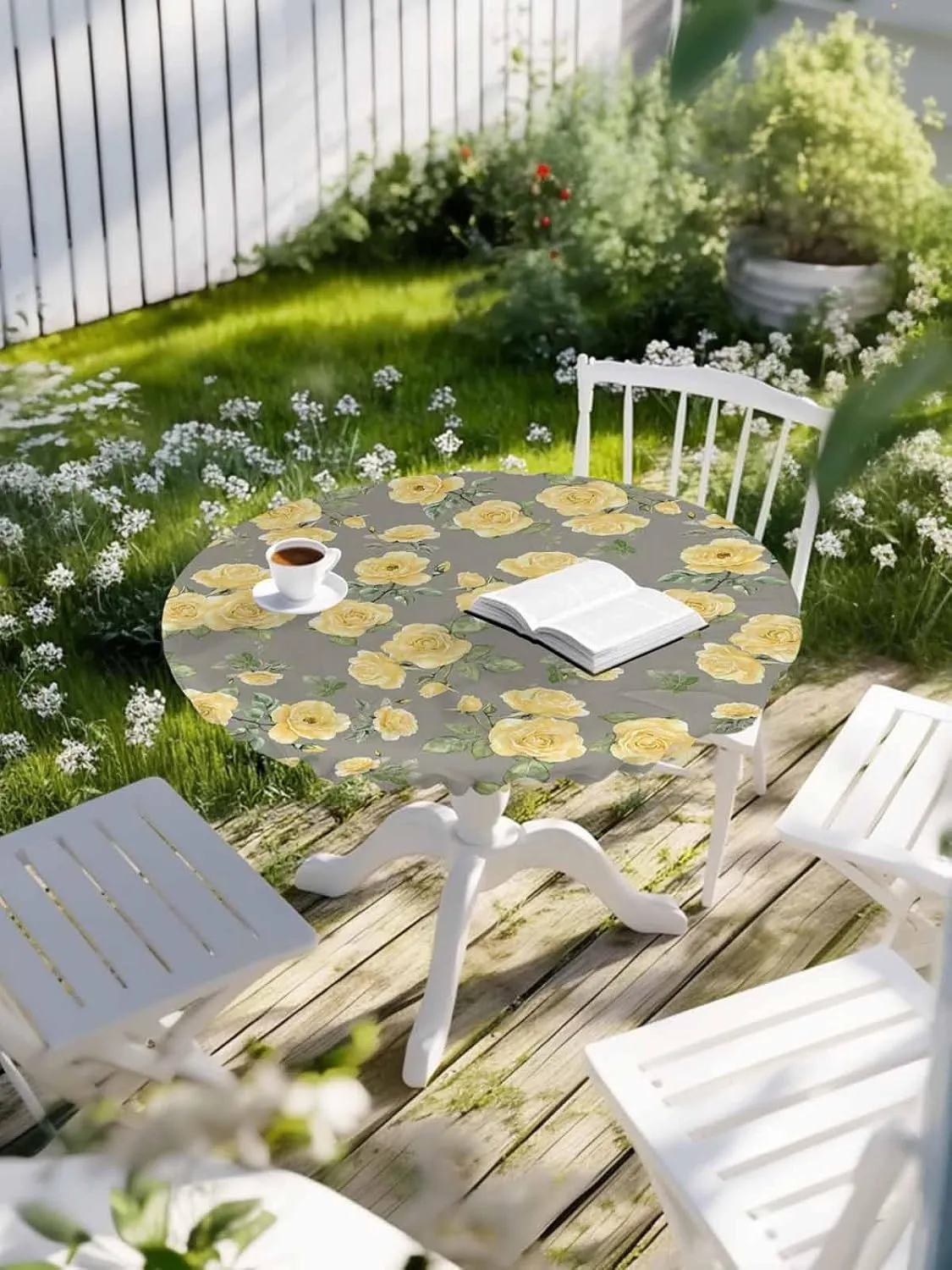 Round Fitted Tablecloth Yellow Country Rose Waterproof Table Cover for Indoor Outdoor Holiday Party Elegant Flowers on Grey Background Elastic Edged Tablecloths Fit Up 55"-60" Tables
