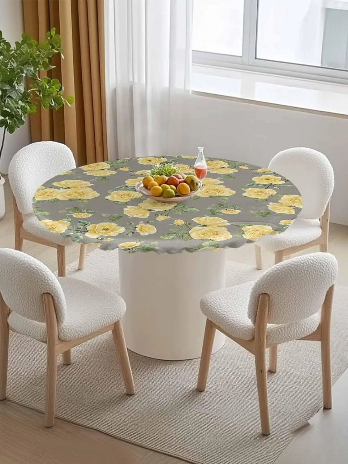 Round Fitted Tablecloth Yellow Country Rose Waterproof Table Cover for Indoor Outdoor Holiday Party Elegant Flowers on Grey Background Elastic Edged Tablecloths Fit Up 55"-60" Tables