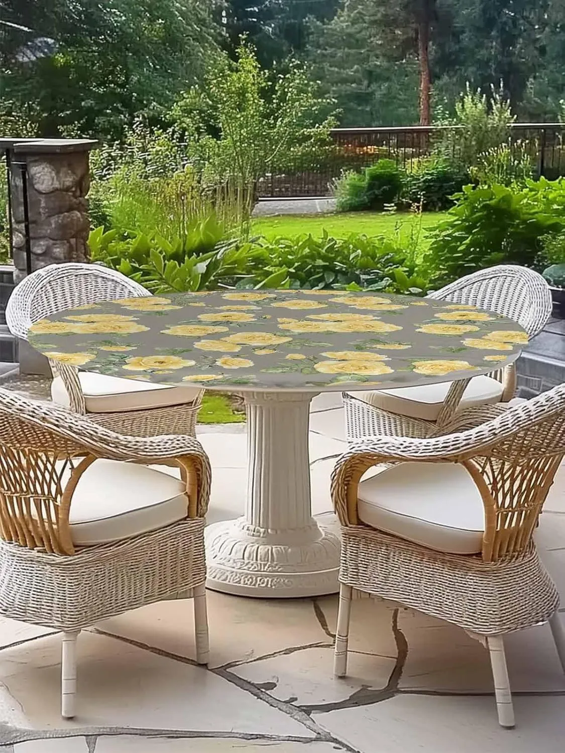 Round Fitted Tablecloth Yellow Country Rose Waterproof Table Cover for Indoor Outdoor Holiday Party Elegant Flowers on Grey Background Elastic Edged Tablecloths Fit Up 55"-60" Tables