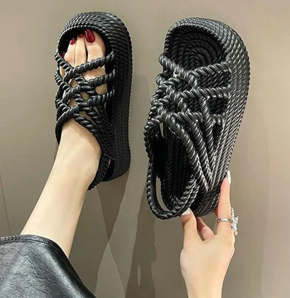 Rungion Women's Comfortable Platform Sandals Braided Criss-Cross Slide Strappy Walking Sandals Outdoor Summer Beach Slipper Shose