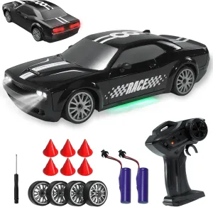SANCO 1:20 RC Drift Car - 2.4G Drifting Car with Dual Tire System & LED Lights, 20 KM/H, 50-Minute Playtime, Racing Toy Remote Control for Adults Boys Girls 2pcs Rechargeable Batteries （Black）