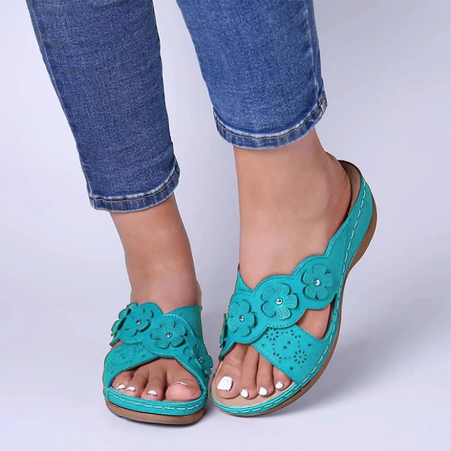 Sandals for Women 2025 Platform Wedge Comfort Cross Strap Flowers Slide Sandals-Shock Absorbtion Breathable holes Arch Support Indoors and Outdoors Slip On