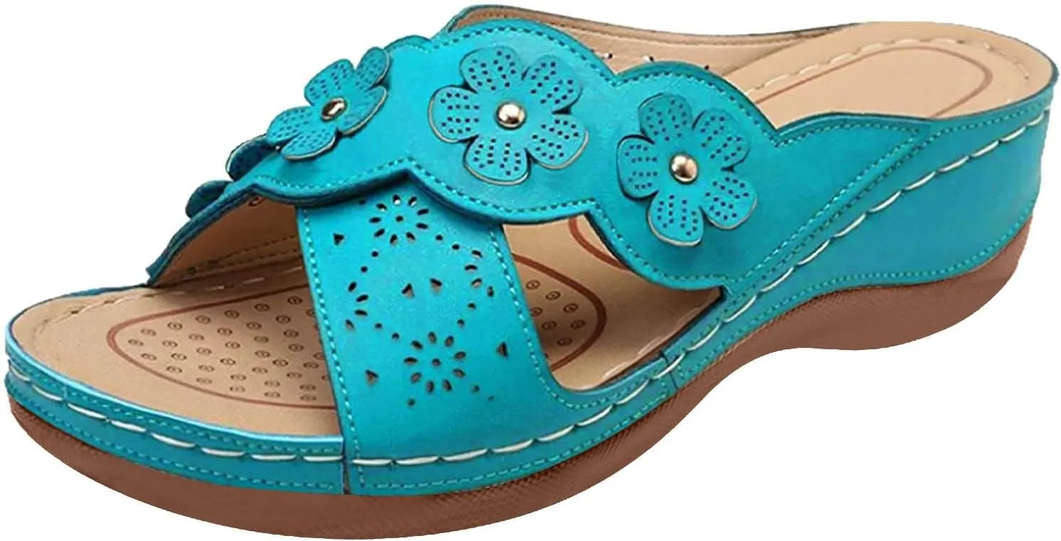 Sandals for Women 2025 Platform Wedge Comfort Cross Strap Flowers Slide Sandals-Shock Absorbtion Breathable holes Arch Support Indoors and Outdoors Slip On