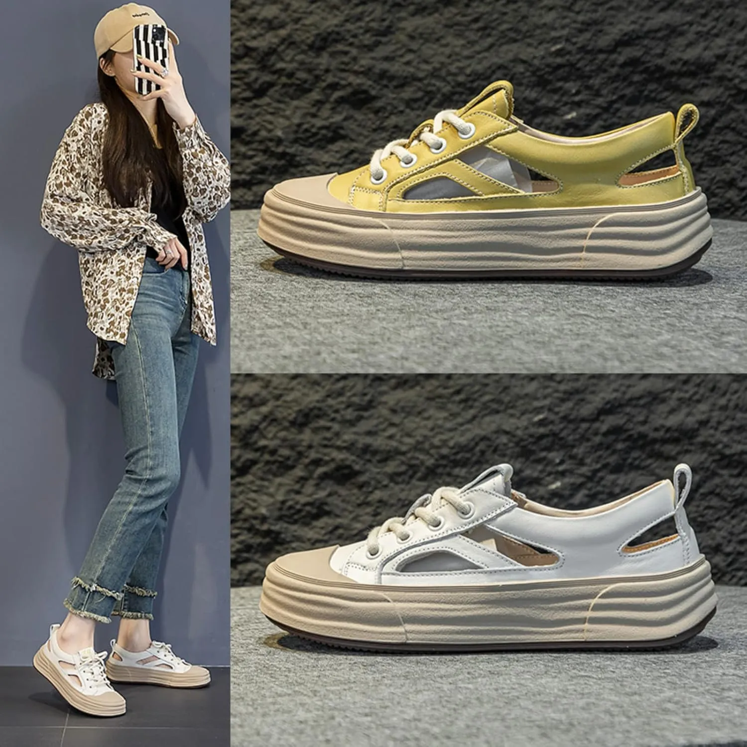 Sandals for Women Genuine Leather Skeleton Sneakers Casual Hiking Athletic Sandals Dressy Chunky Sandals For Summer