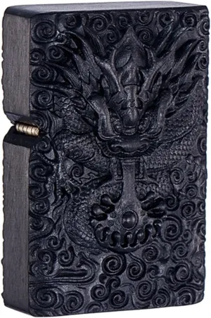 Sandalwood Carved Kerosene Lighter Solid Wood   Metal Hand Polished Wood Shell Universal Flint Men's Business Gift (Kerosene Not Included)(Black)