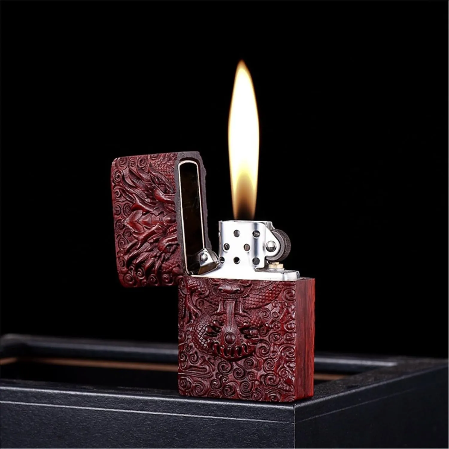 Sandalwood Carved Kerosene Lighter Solid Wood   Metal Hand Polished Wood Shell Universal Flint Men's Business Gift (Kerosene Not Included)(Black)