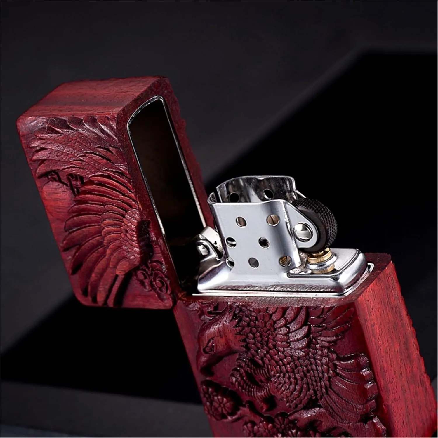 Sandalwood Carved Kerosene Lighter Solid Wood   Metal Hand Polished Wood Shell Universal Flint Men's Business Gift (Kerosene Not Included)(Black)