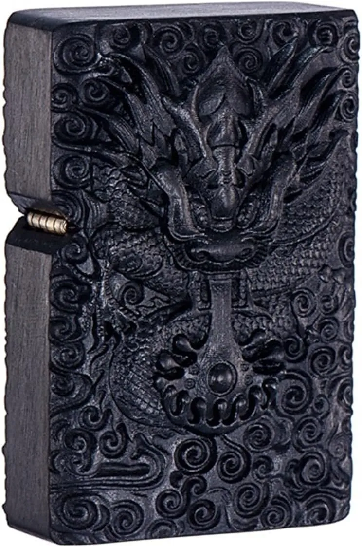 Sandalwood Carved Kerosene Lighter Solid Wood   Metal Hand Polished Wood Shell Universal Flint Men's Business Gift (Kerosene Not Included)(Black)