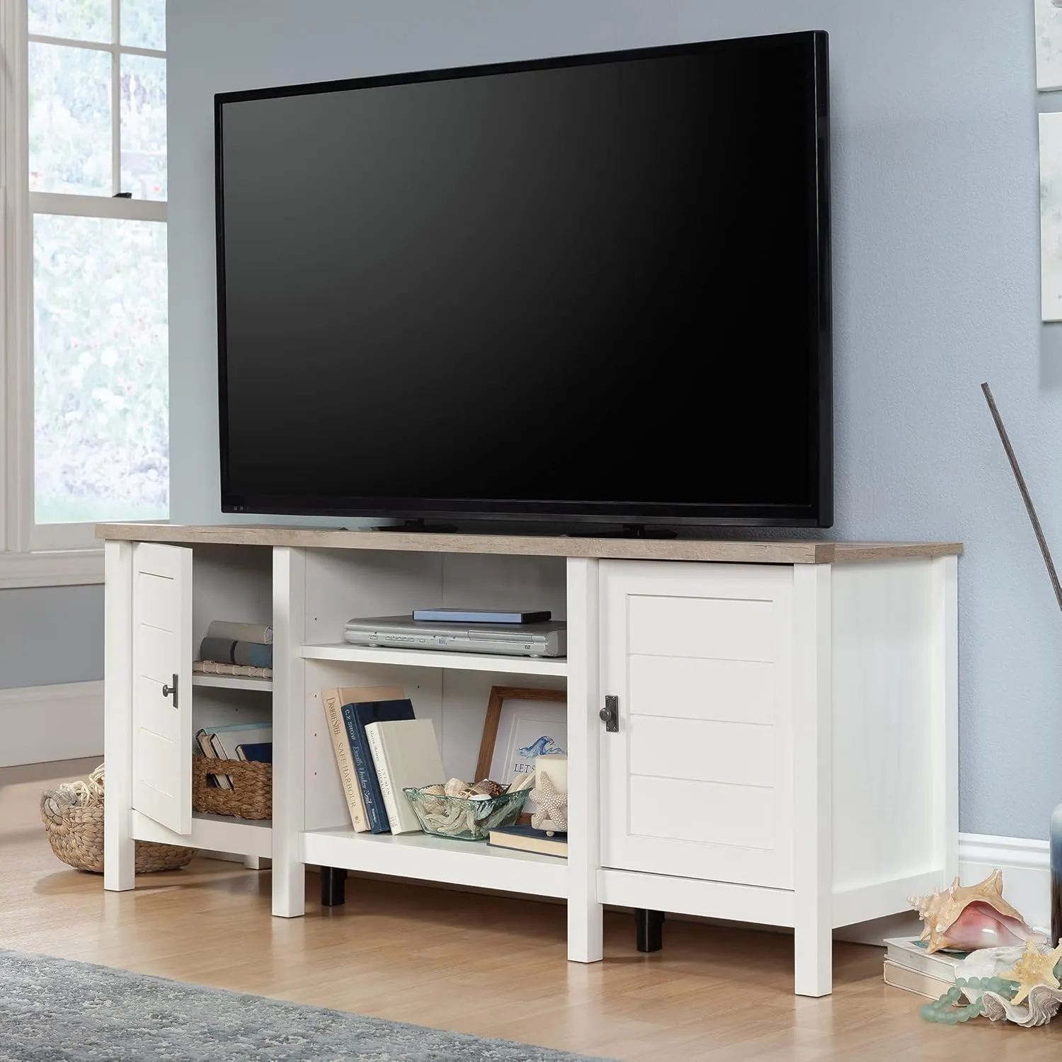 Sauder Cottage Road TV Credenza with Doors, for TV's up to 65", Soft White Finish