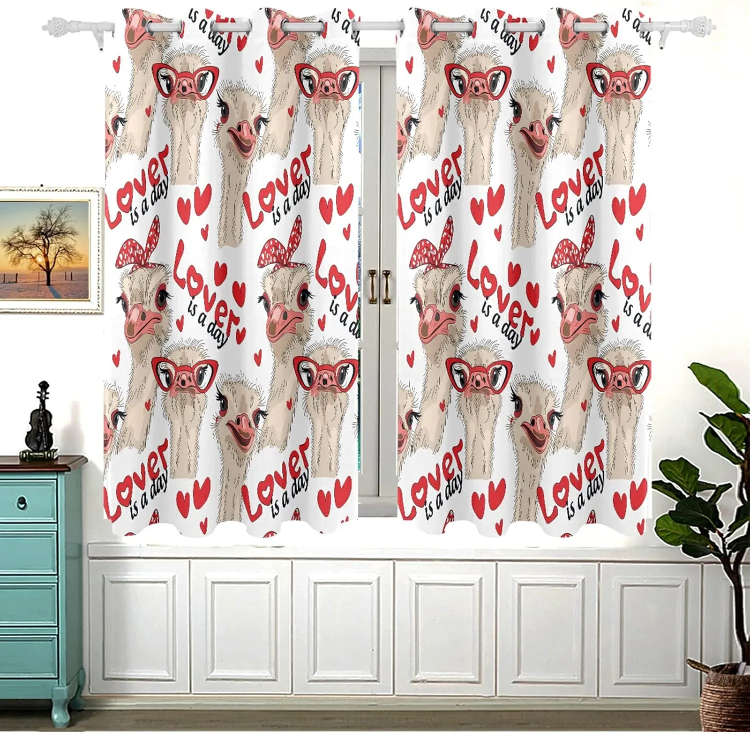 Seamless Ostriches with Red Glasses Hairpins Lover is a Day Letterings 2 PCs Window Curtain Panels, Blackout Drapes Perforated Polyester Curtain Thermal Insulated & Light Blocking Panels 84x54 inch