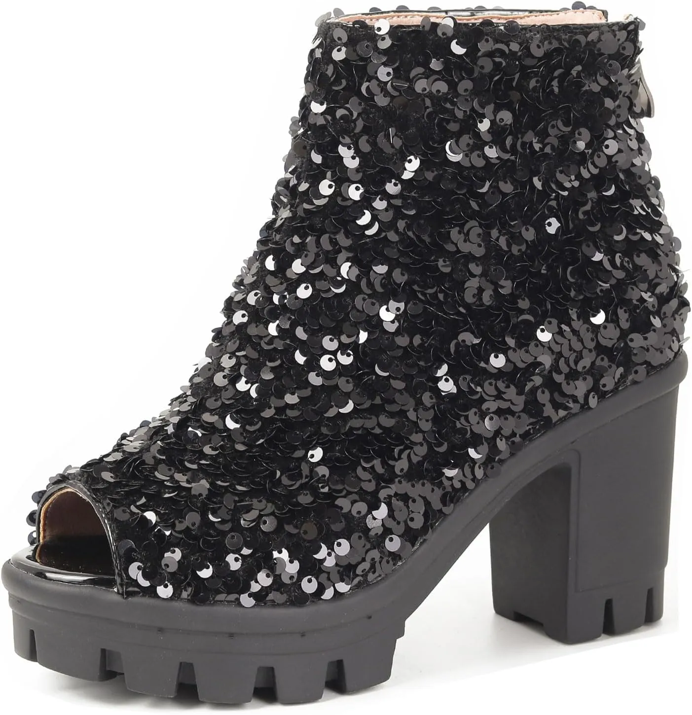 SHEMEE Peep Toe Glitter Ankle Boots for Women Chunky High Heeled Sandals Sparkly Sequin Block Heels Summer Booties with Zipper
