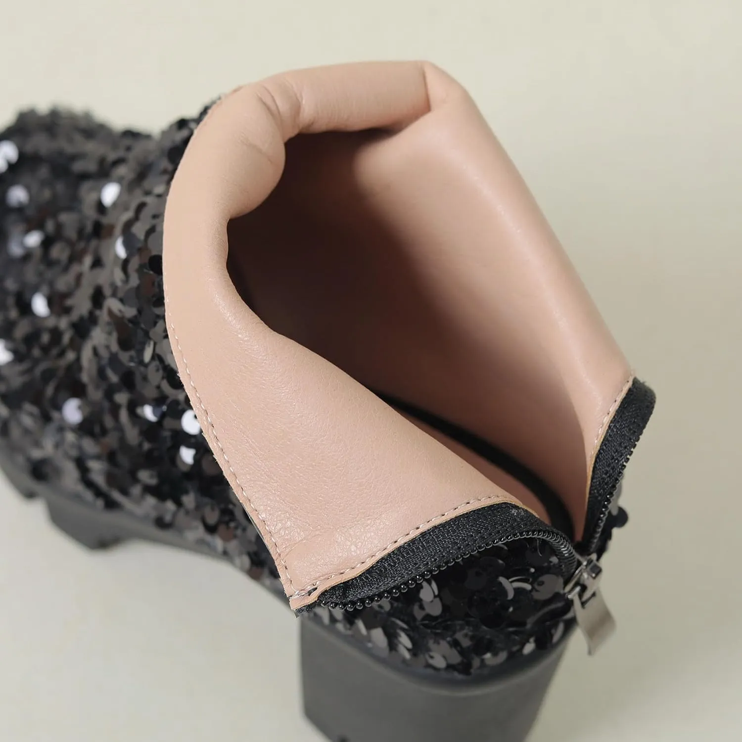 SHEMEE Peep Toe Glitter Ankle Boots for Women Chunky High Heeled Sandals Sparkly Sequin Block Heels Summer Booties with Zipper