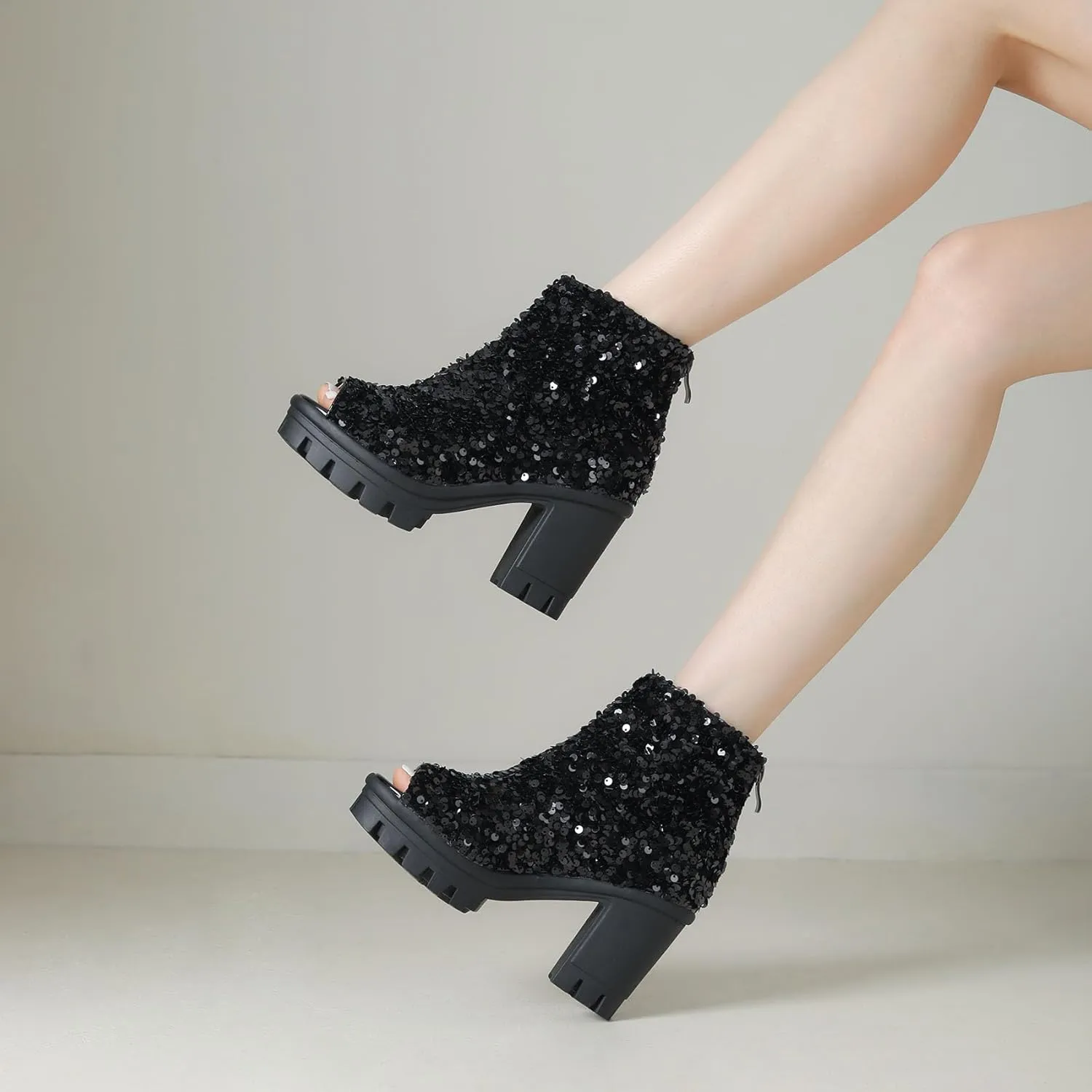SHEMEE Peep Toe Glitter Ankle Boots for Women Chunky High Heeled Sandals Sparkly Sequin Block Heels Summer Booties with Zipper