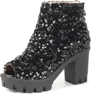 SHEMEE Peep Toe Glitter Ankle Boots for Women Chunky High Heeled Sandals Sparkly Sequin Block Heels Summer Booties with Zipper