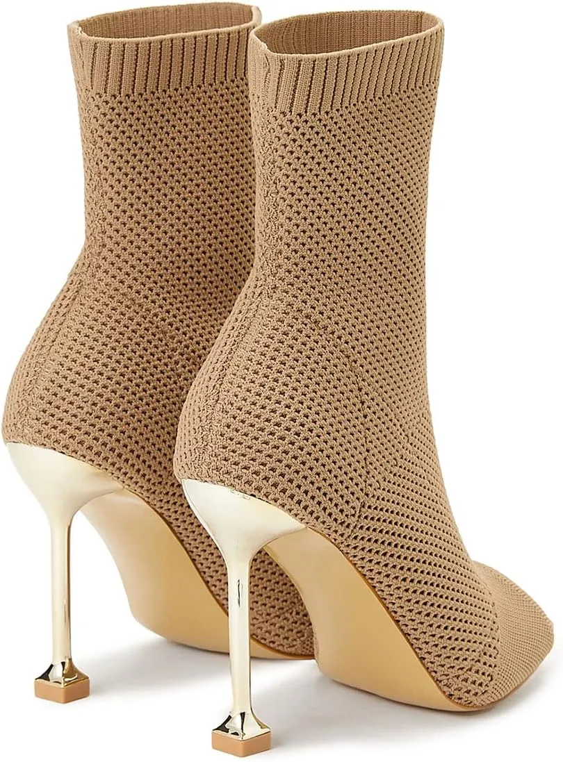 SHEMEE Women's Summer Square Peep Toe Woven Knit Stretch Sock Booties Stiletto High Heels Ankle Boots Sandals