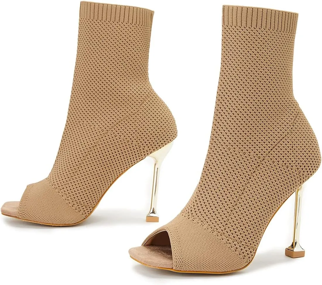 SHEMEE Women's Summer Square Peep Toe Woven Knit Stretch Sock Booties Stiletto High Heels Ankle Boots Sandals