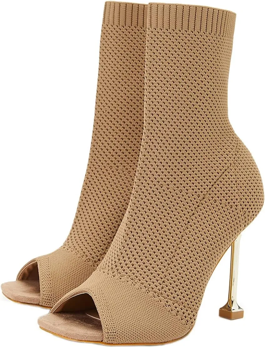 SHEMEE Women's Summer Square Peep Toe Woven Knit Stretch Sock Booties Stiletto High Heels Ankle Boots Sandals