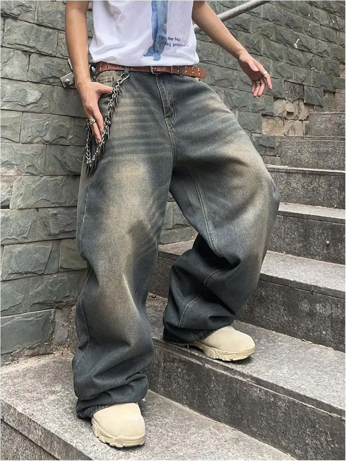 SHENHE Men's Wide Leg Jeans Vintage Baggy Jeans Casual Loose Fit Denim Pants with Pockets