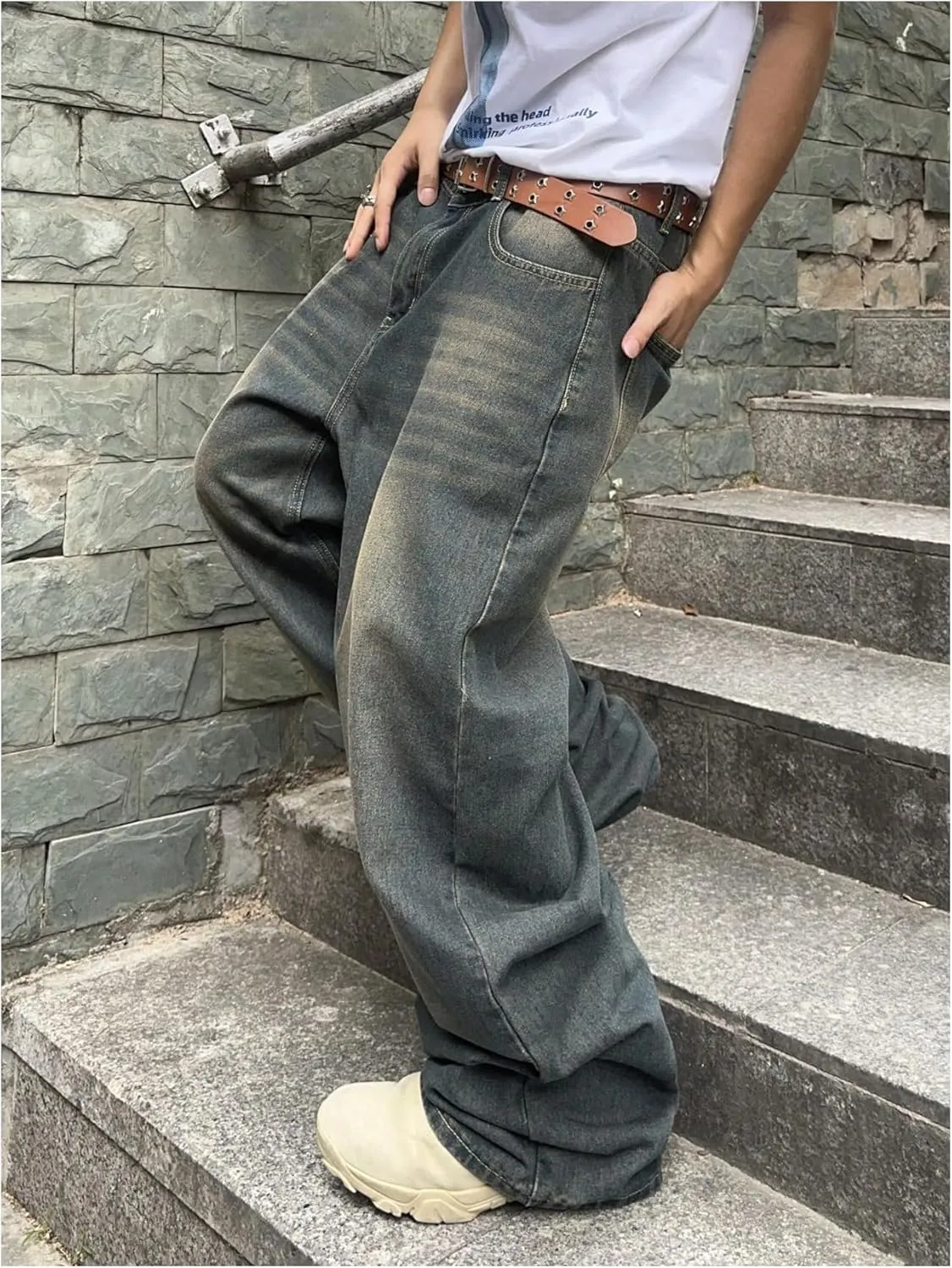 SHENHE Men's Wide Leg Jeans Vintage Baggy Jeans Casual Loose Fit Denim Pants with Pockets