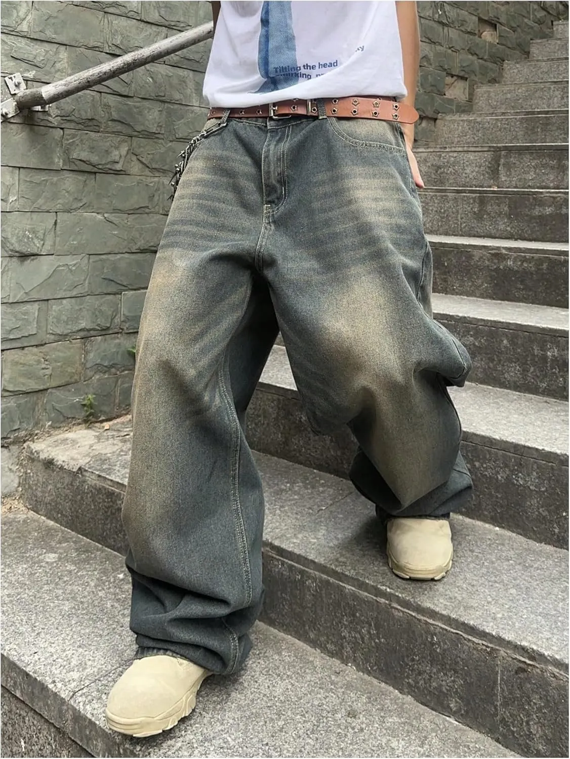 SHENHE Men's Wide Leg Jeans Vintage Baggy Jeans Casual Loose Fit Denim Pants with Pockets