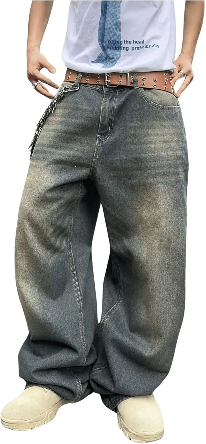 SHENHE Men's Wide Leg Jeans Vintage Baggy Jeans Casual Loose Fit Denim Pants with Pockets