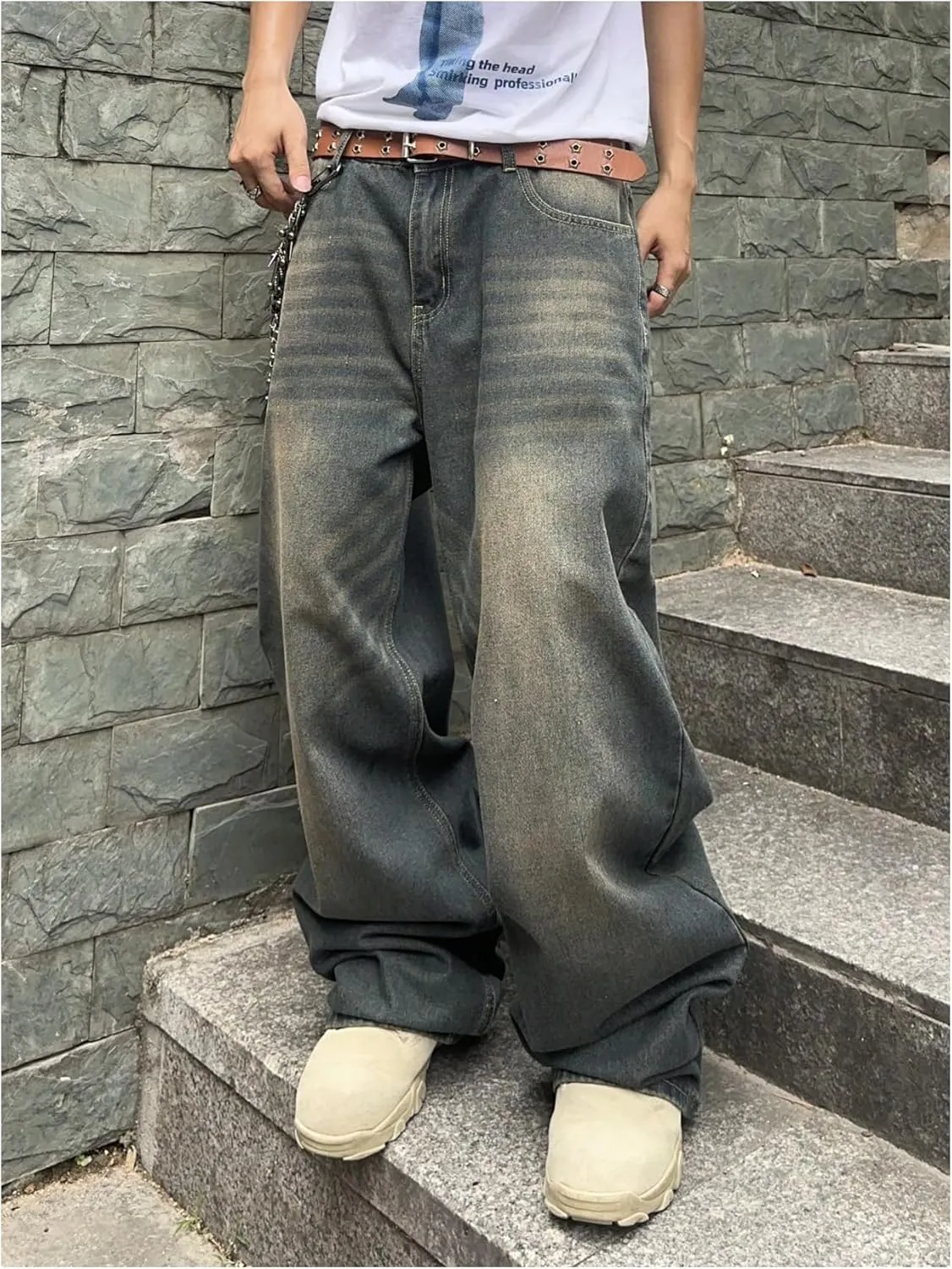 SHENHE Men's Wide Leg Jeans Vintage Baggy Jeans Casual Loose Fit Denim Pants with Pockets