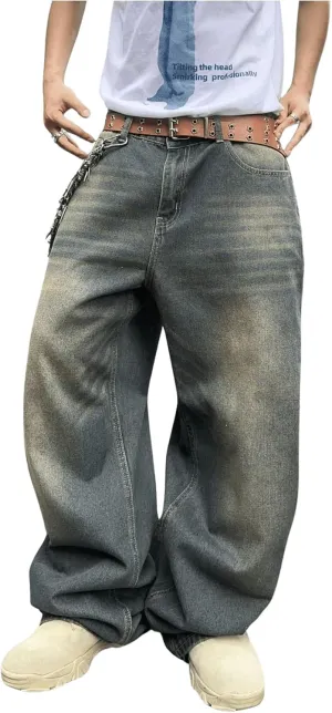 SHENHE Men's Wide Leg Jeans Vintage Baggy Jeans Casual Loose Fit Denim Pants with Pockets