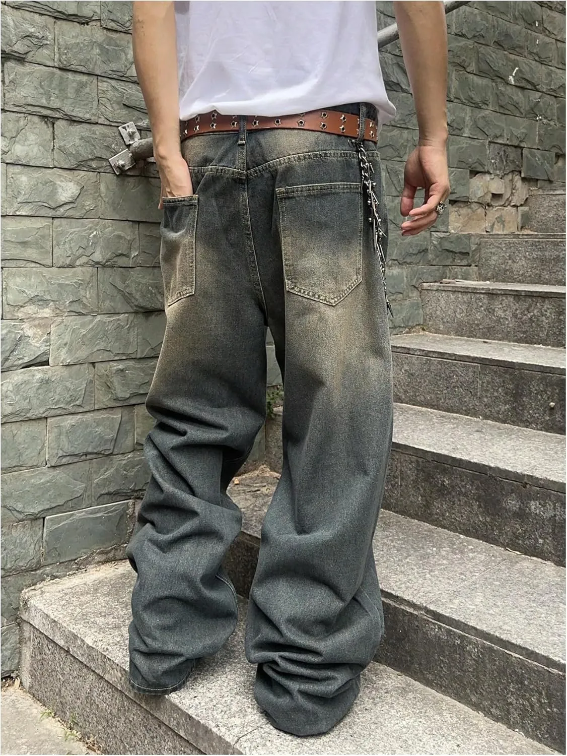 SHENHE Men's Wide Leg Jeans Vintage Baggy Jeans Casual Loose Fit Denim Pants with Pockets