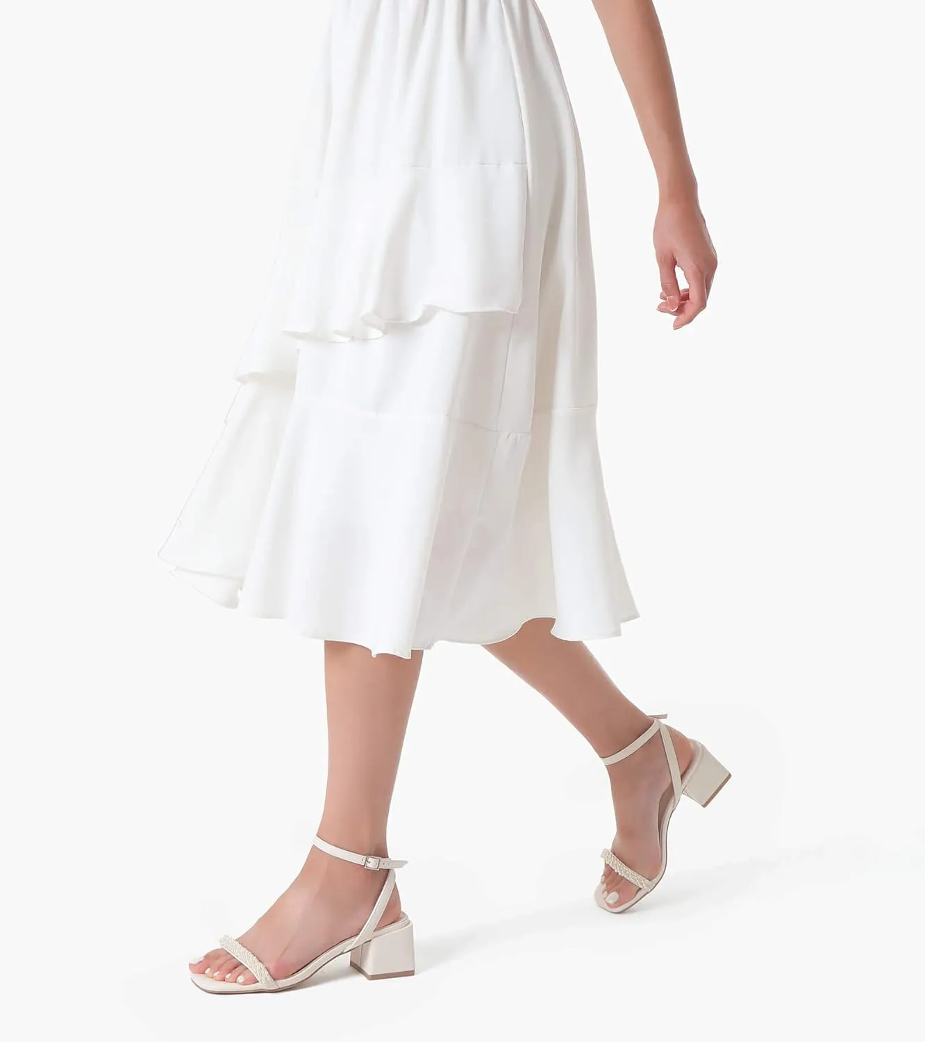 Shoe'N Tale White Heels for Women Low Chunky Block Heel Square Open Toe Heeled Sandals
