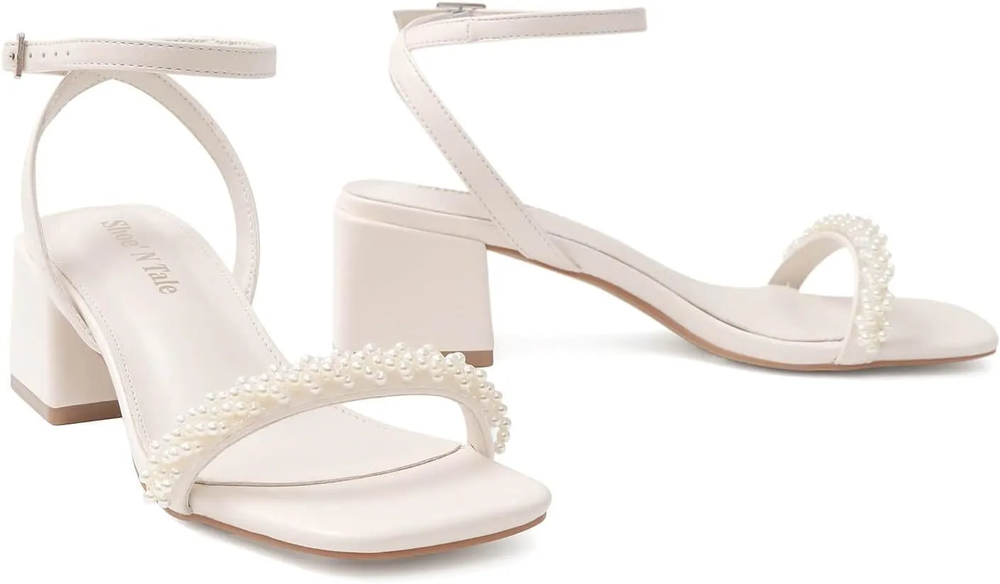 Shoe'N Tale White Heels for Women Low Chunky Block Heel Square Open Toe Heeled Sandals