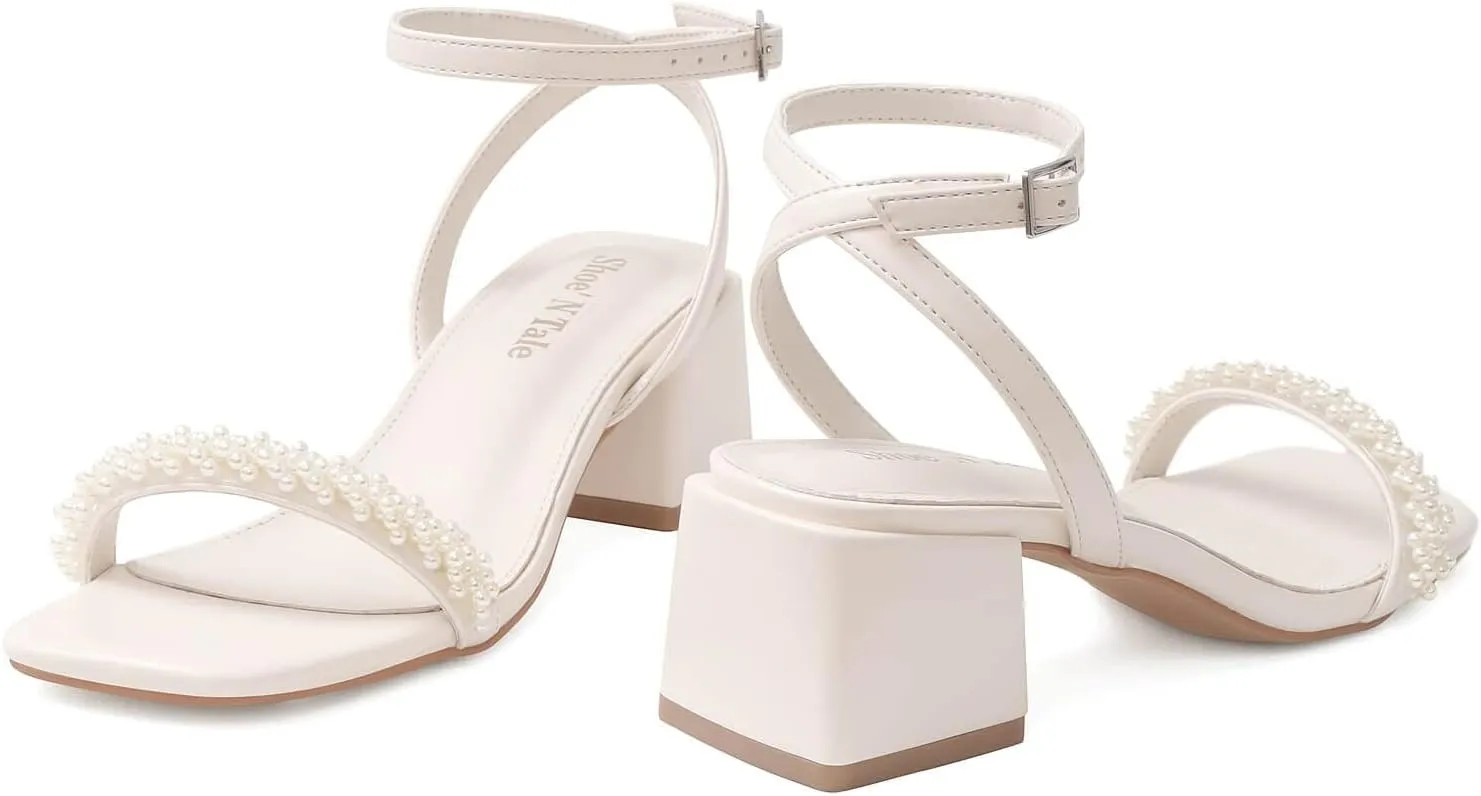 Shoe'N Tale White Heels for Women Low Chunky Block Heel Square Open Toe Heeled Sandals