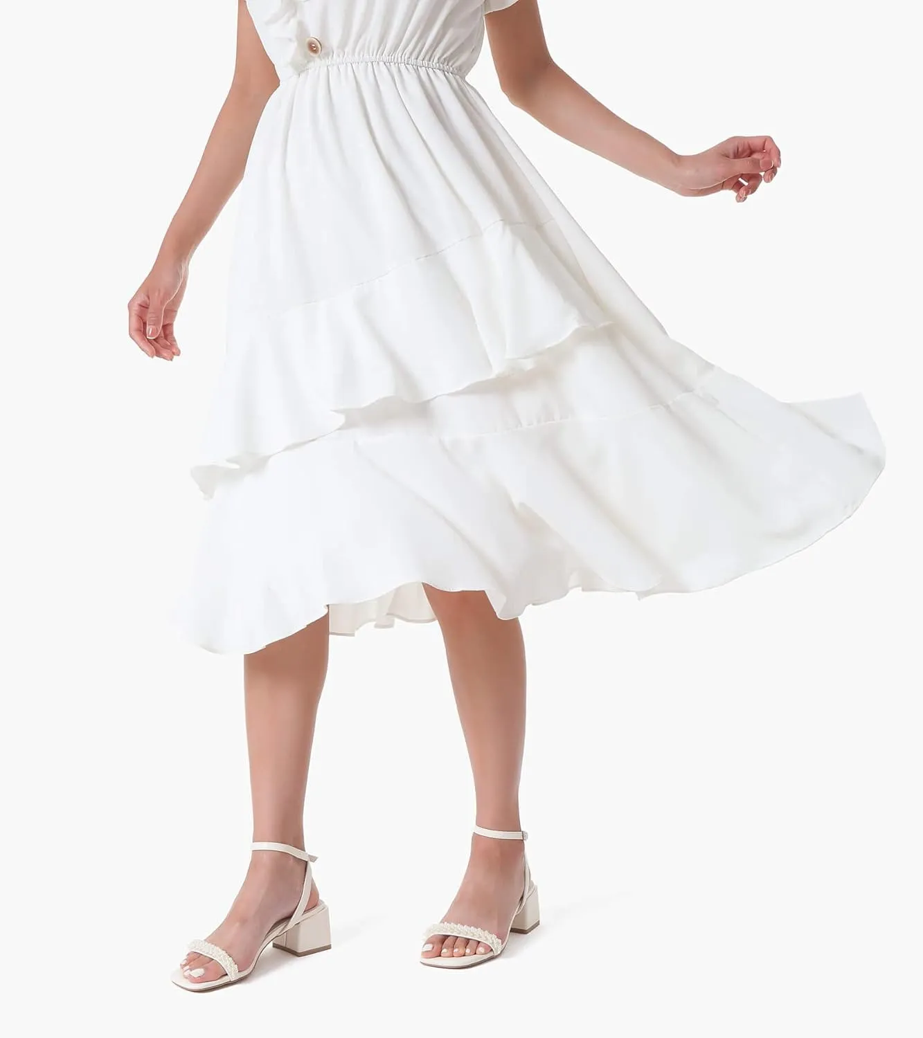 Shoe'N Tale White Heels for Women Low Chunky Block Heel Square Open Toe Heeled Sandals