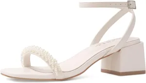 Shoe'N Tale White Heels for Women Low Chunky Block Heel Square Open Toe Heeled Sandals