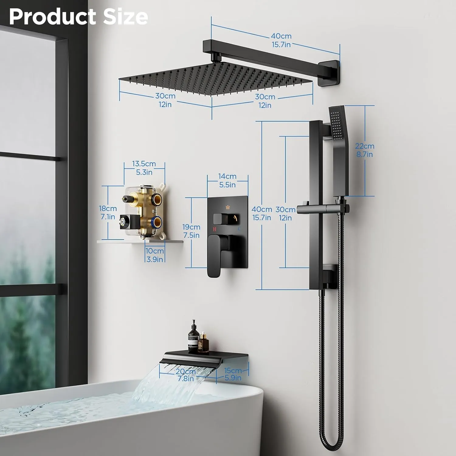 Shower System with Tub Spout, 12 Inch Rainfall Wall Mounted High Pressure Shower Head Handheld Shower Head, Bathroom Shower Faucet Set Adjustable Slide Bar Rough in Valve Body and Trim Matte Black