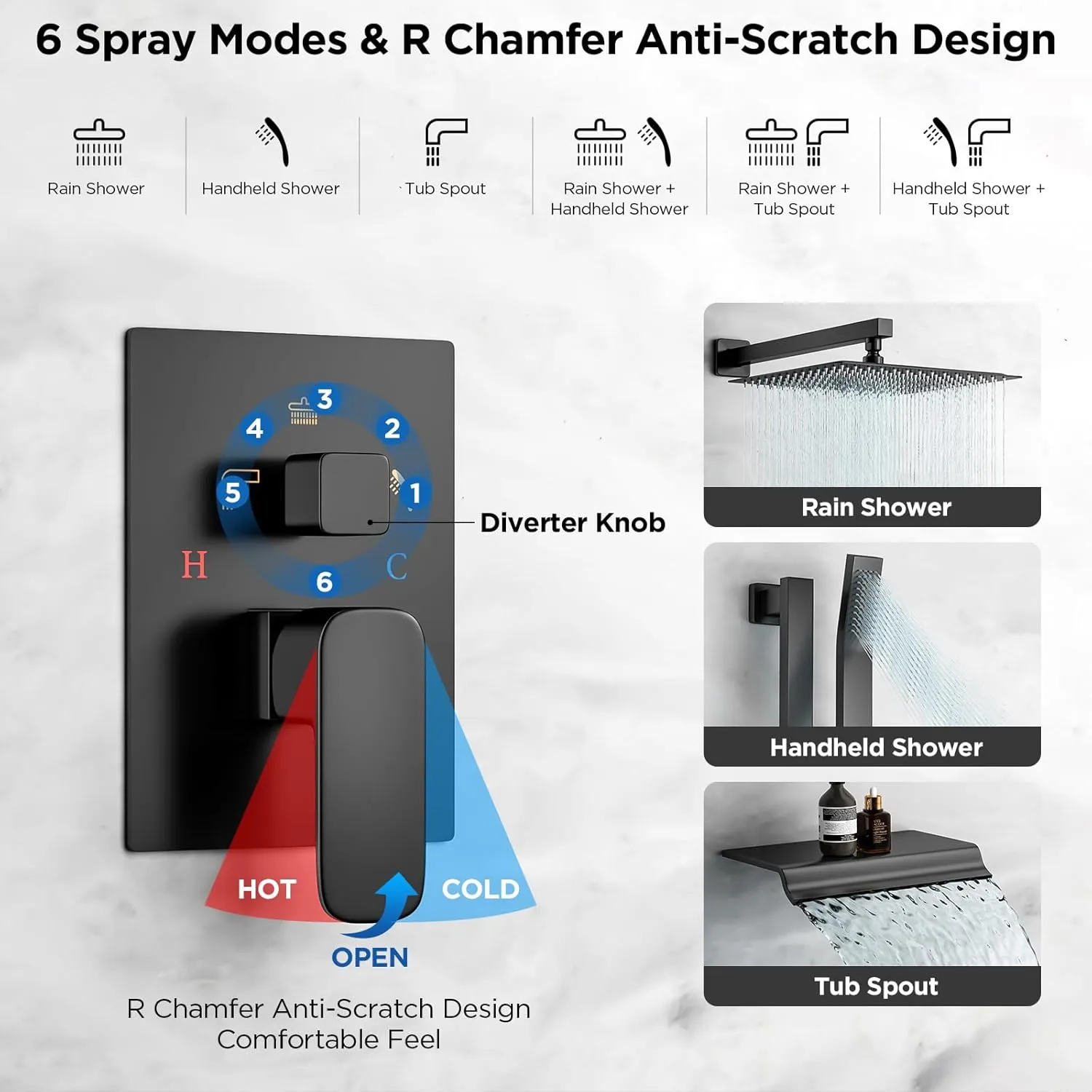 Shower System with Tub Spout, 12 Inch Rainfall Wall Mounted High Pressure Shower Head Handheld Shower Head, Bathroom Shower Faucet Set Adjustable Slide Bar Rough in Valve Body and Trim Matte Black