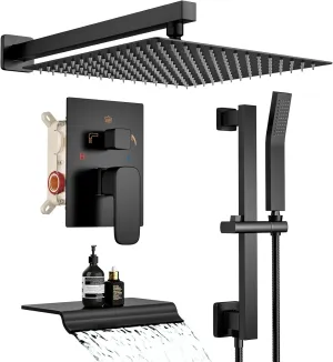 Shower System with Tub Spout, 12 Inch Rainfall Wall Mounted High Pressure Shower Head Handheld Shower Head, Bathroom Shower Faucet Set Adjustable Slide Bar Rough in Valve Body and Trim Matte Black